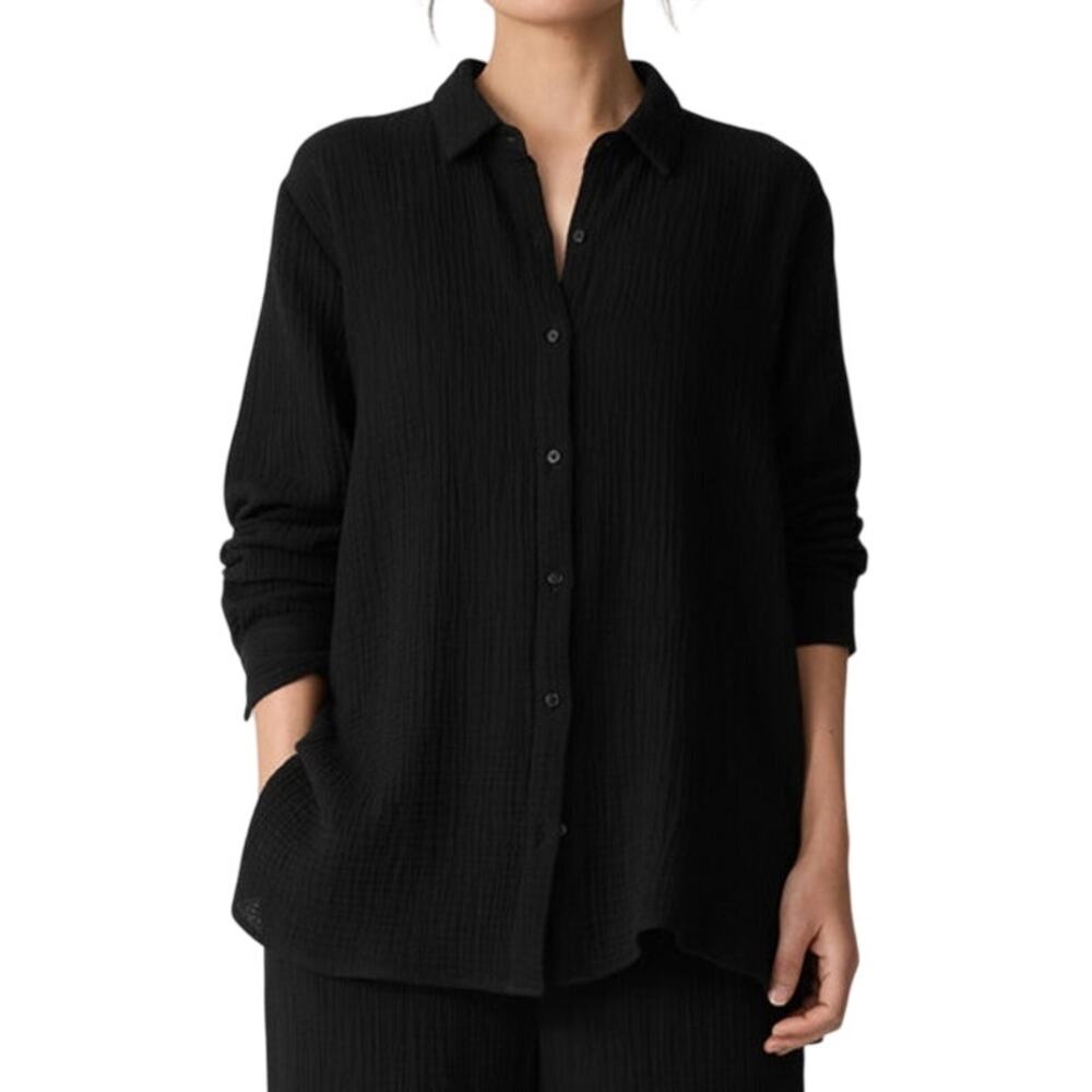 Eileen Fisher Black Organic Cotton Lofty Gauze Classic Collar Shirt Size Medium